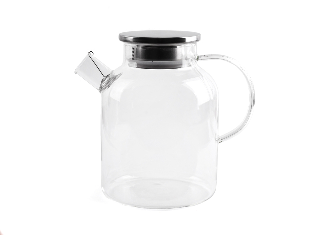 237032 Чайник "Бочонок" 1600мл, стекло (боросилик.,огнеупорное), с пружинным ситом.Металлич. крышка