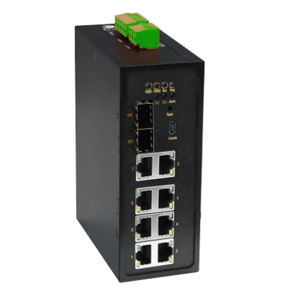 Промышленный управляемый коммутатор, 2×100Base-X, 1000Base-X,10/100/1000Base-T(X) SFP слота; 8×10/100Base-T(X) портов RJ45,консольный порт Mini USB, 24-48В DC (18-72В DC), с резервированием