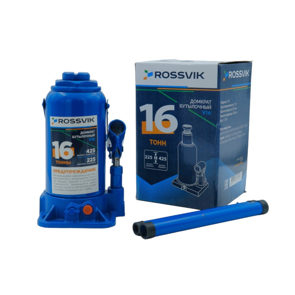 Домкрат бутылочный ROSSVIK V16, г/п 16,0 т, 225-425 мм, синий