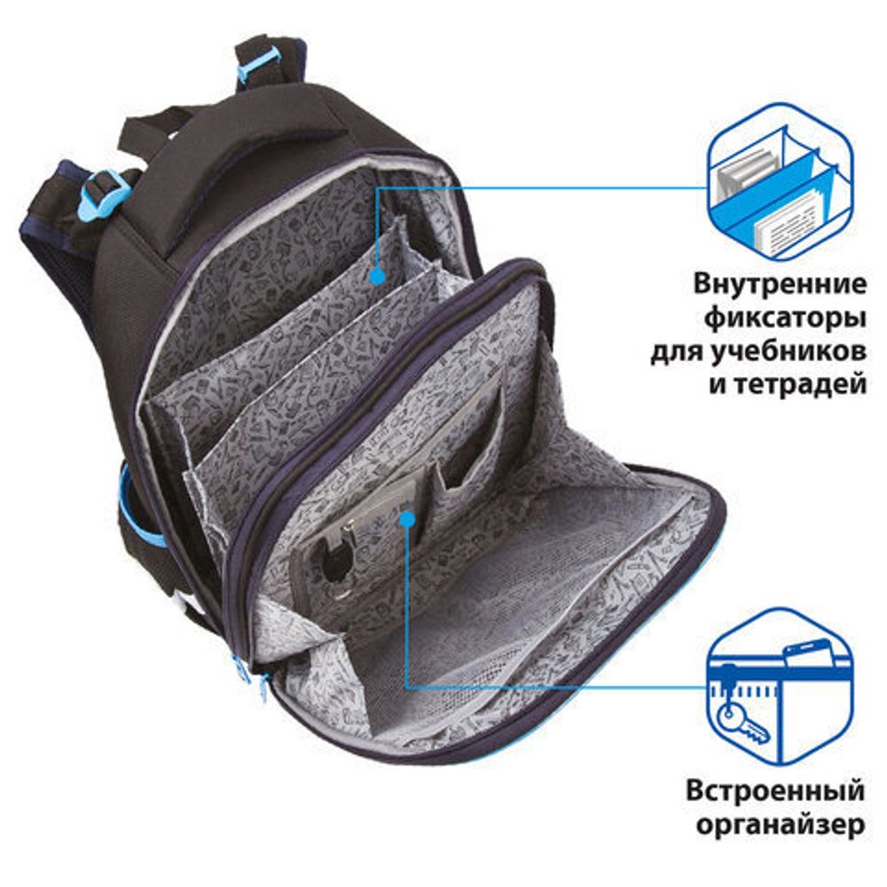 Ранец BRAUBERG PREMIUM, 2 отделения, с брелком, "Cyborg", 3D панель, 38х29х16 см, 229910