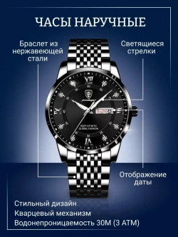 Часы наручные кварцевые POEDAGAR на металлическом браслете, черный W9022100-05
