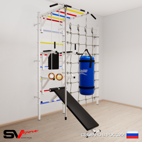 Шведская стенка Sv Sport 56430 (Турник рукоход/Брусья/Стойка/Скамья/Канат/Кольца/Цепь/Мешок 30кг/Канатный лаз)