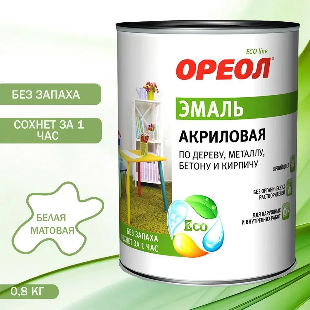 Эмаль универсальная акриловая Ореол матовая белая 0,9 кг