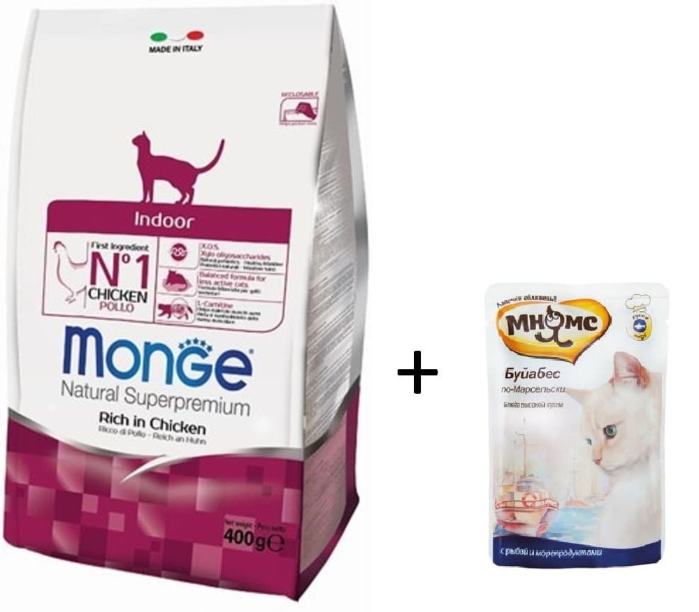 Monge Cat Indoor корм для домашних кошек 400г + пауч Мнямс Блюда высокой кухни 85г в ПОДАРОК