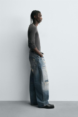 ZARA ДЖИНСЫ BALLOON FIT С РАЗРЕЗАМИ, ВЫЦВЕТШИЙ СИНИЙ