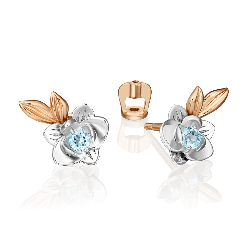 Серьги-пусеты «Орхидеи» (пожелание любви) из комбинированного золота с топазом