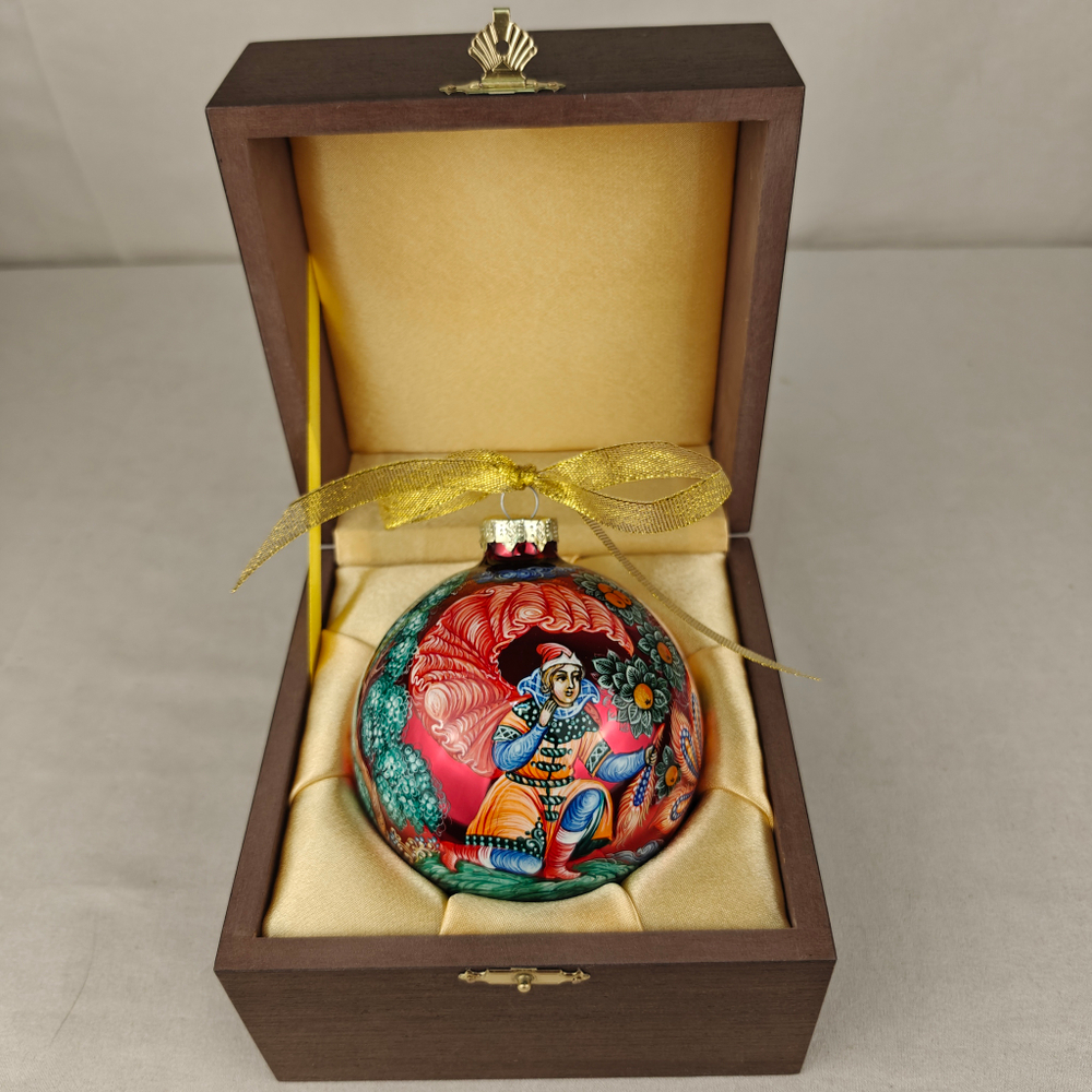 Шар новогодний с круговой росписью Палех "Жар-птица" на красном в футляре