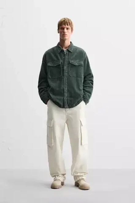 ZARA УТЕПЛЕННАЯ ВЕЛЬВЕТОВАЯ КУРТКА-РУБАШКА, ЗЕЛЕНЫЙ