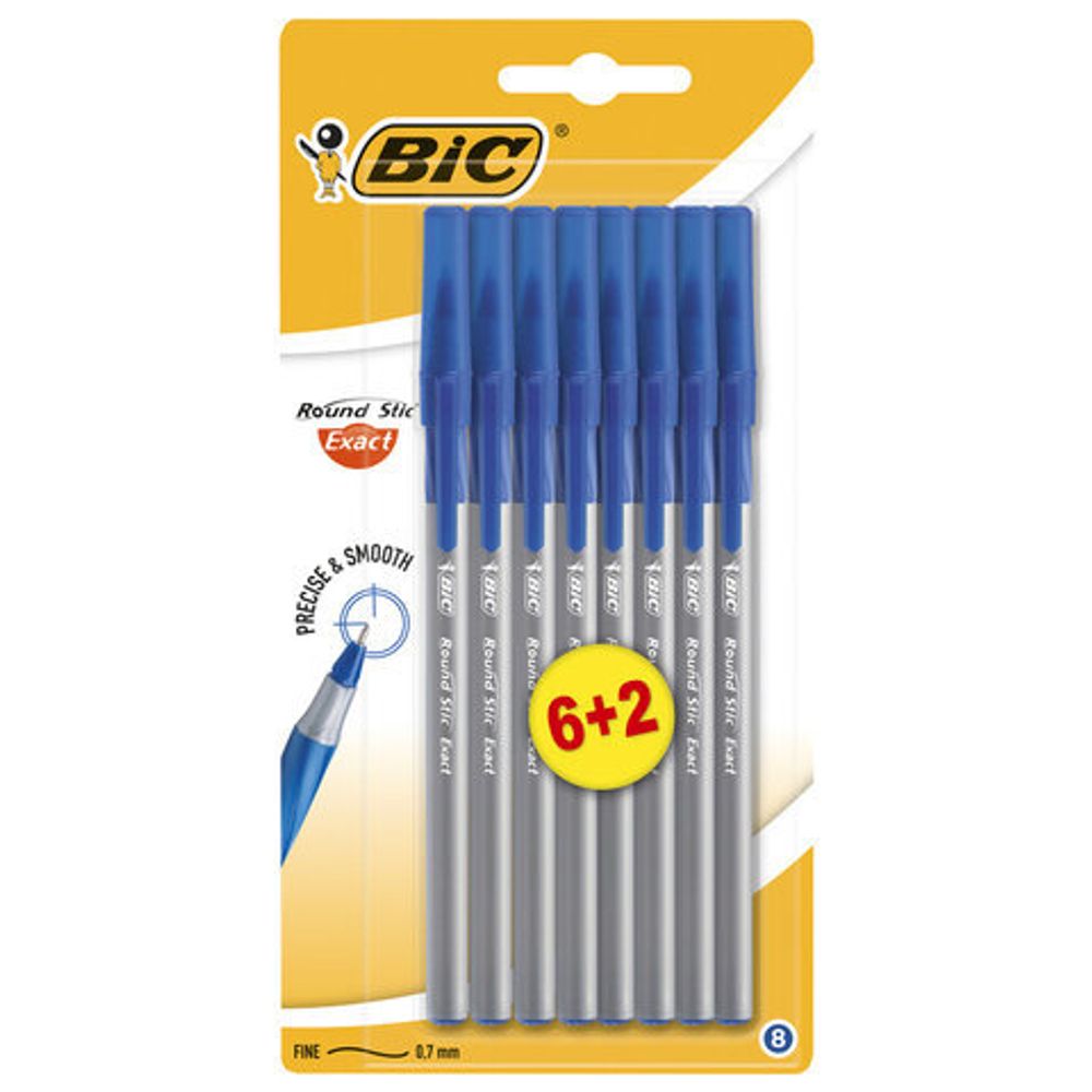 Ручки шариковые с грипом BIC "Round Stic Exact", НАБОР 6+2 шт., СИНИЕ, линия письма 0,32 мм, блистер, 932862