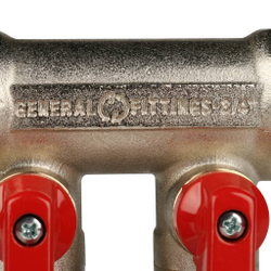 STOUT Коллектор с шаровыми кранами 3/4", 2 отвода 1/2" (красные ручки)