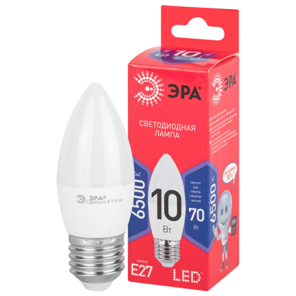 Лампа светодиодная ЭРА RED LINE LED B35-10W-865-E27 R 10Вт свеча холодный дневной свет Е27 | Лампы cветодиодные Свеча (B/C)