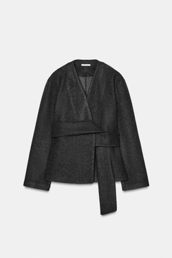 ZARA МЯГКАЯ КУРТКА С ПОЯСОМ, СЕРЫЙ МЕЛАНЖ