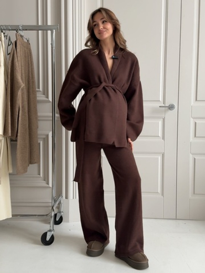 Комплект вязаный, кардиган с поясом и брюки