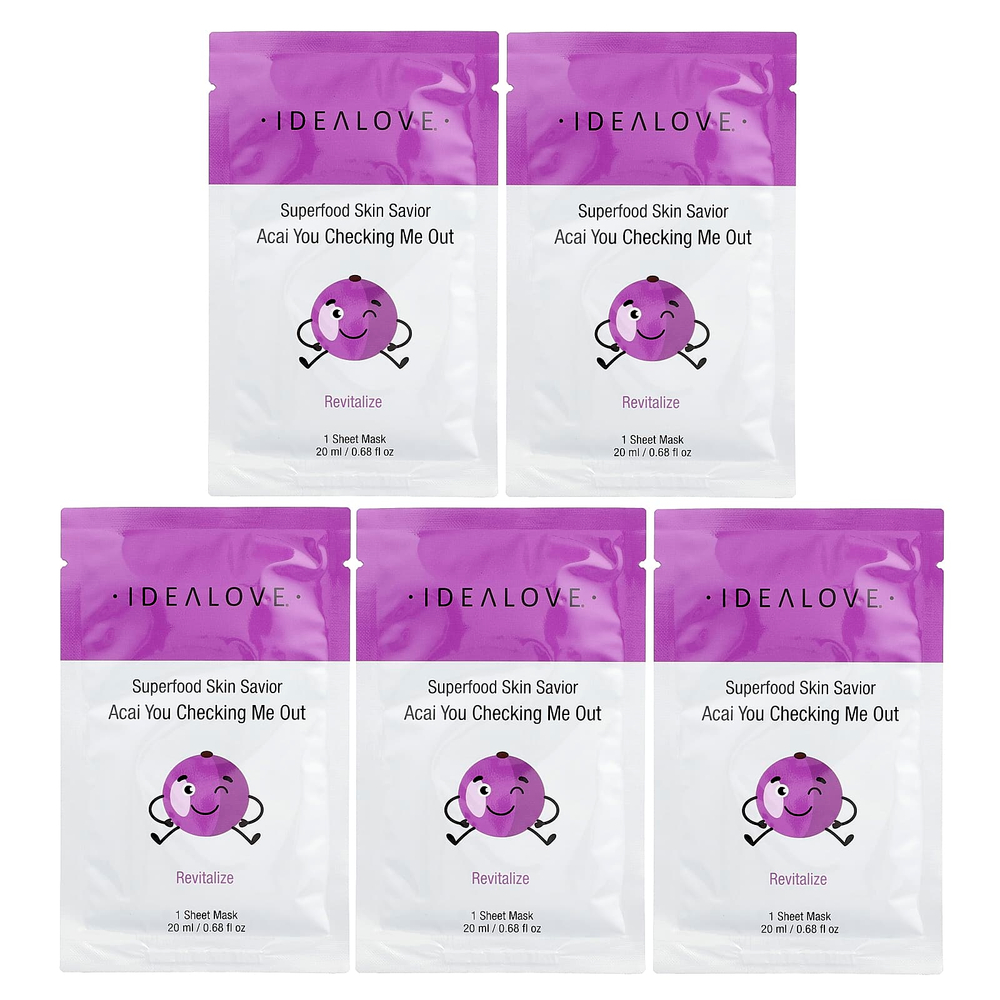 Idealove, Superfood Skin Savior, маска с суперфудами, асаи, 5 шт. по 20 мл (0,68 жидк. унции)