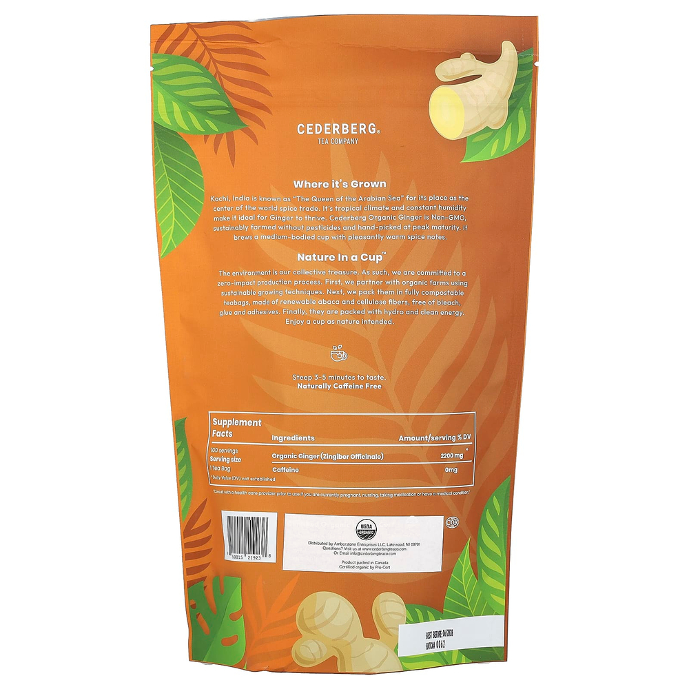 Cederberg Tea Co, органический имбирь, без кофеина, 100 натуральных чайных пакетиков, 220 г (7,76 унции)