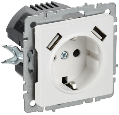 BRITE Розетка 1-местная с заземлением с защитными шторками 16А с USB A+A 5В 2,1А РЮш10-1-БрАБ арктический белый IEK