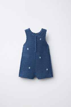 ZARA КОМБИНЕЗОН ВЯЗАНЫЙ АЖУРНЫЙ С ВЫШИТЫМИ ЦВЕТАМИ, СИНИЙ