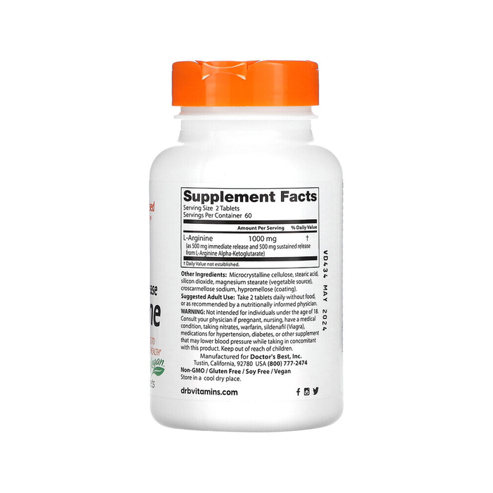 Л-аргинин 500 мг, L-Arginine 500 mg, Doctor&#39;s best, 120 таблеток 2