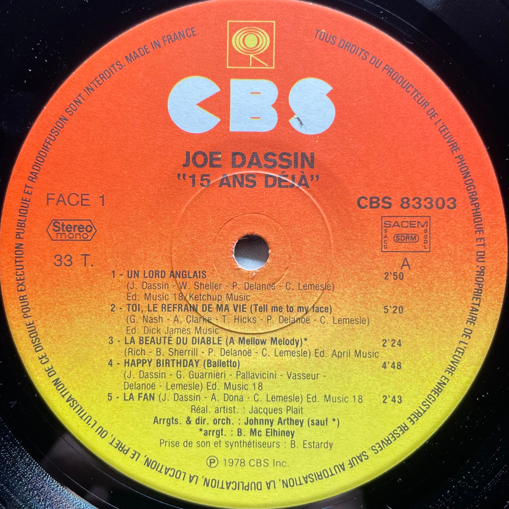 Joe Dassin ‎– 15 Ans Deja… (Франция 1978г.)