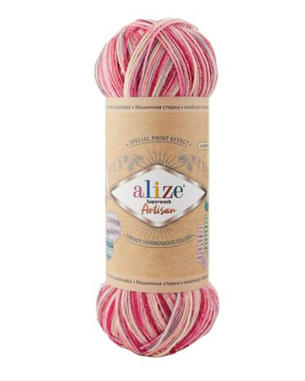 Суперваш артисан (Superwash artisan) пряжа Alize 75%шерсть 25%полиамид 5х100г/420м 9002 розовый-кремовый-серый
