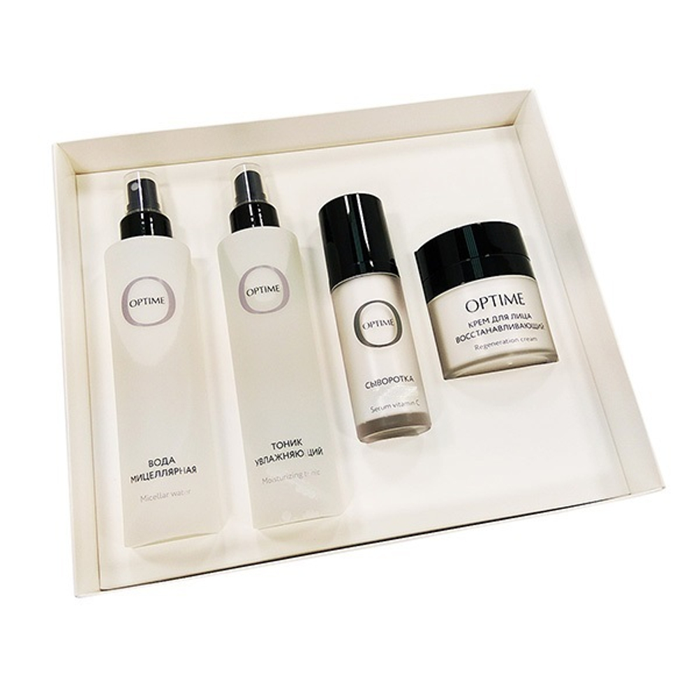 Набор косметики для нормальной и сухой кожи лица (мицеллярная вода, тоник, сыворотка интенсивная, крем) Optime Set №12