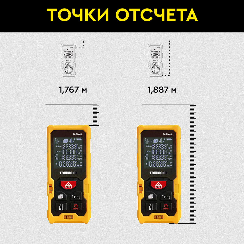 Лазерный дальномер TECHNICOM TC-DM40L, дальность 40м, цвет лазера красный, 2 точки отсчёта