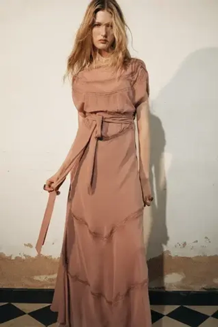 ZARA ПЛАТЬЕ МИДИ С КРУЖЕВОМ — ZW COLLECTION, ЧЕРЕПИЧНЫЙ