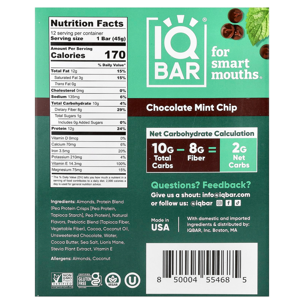 IQBAR, батончик растительного протеина, со вкусом шоколадной крошки и мяты, 12 батончиков по 45 г (1,6 унции)
