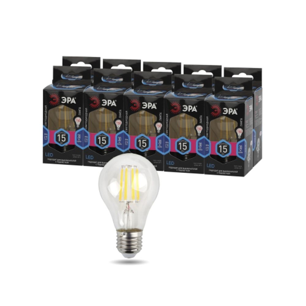 Лампа светодиодная ЭРА F-LED A60-15W-840-E27 15Вт филамент груша нейтральный белый свет E27 | Филаментные декоративные
