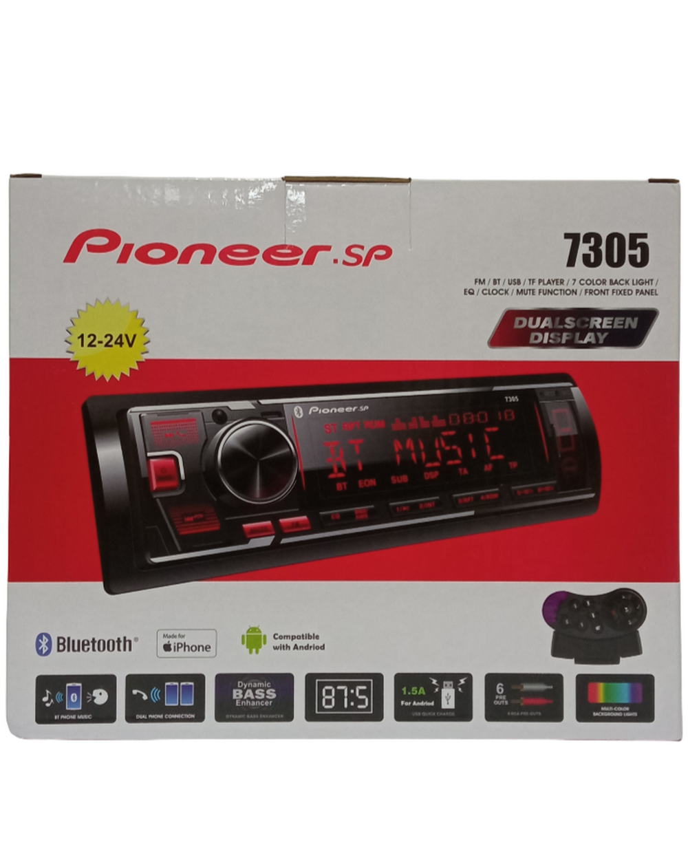Автомагнитола FM/BT/USB/TFplayer (12-24V) DualScreen Pioneer.SP 7305