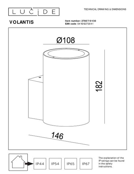 Уличный настенный светильник Lucide Volantis 27807/01/30
