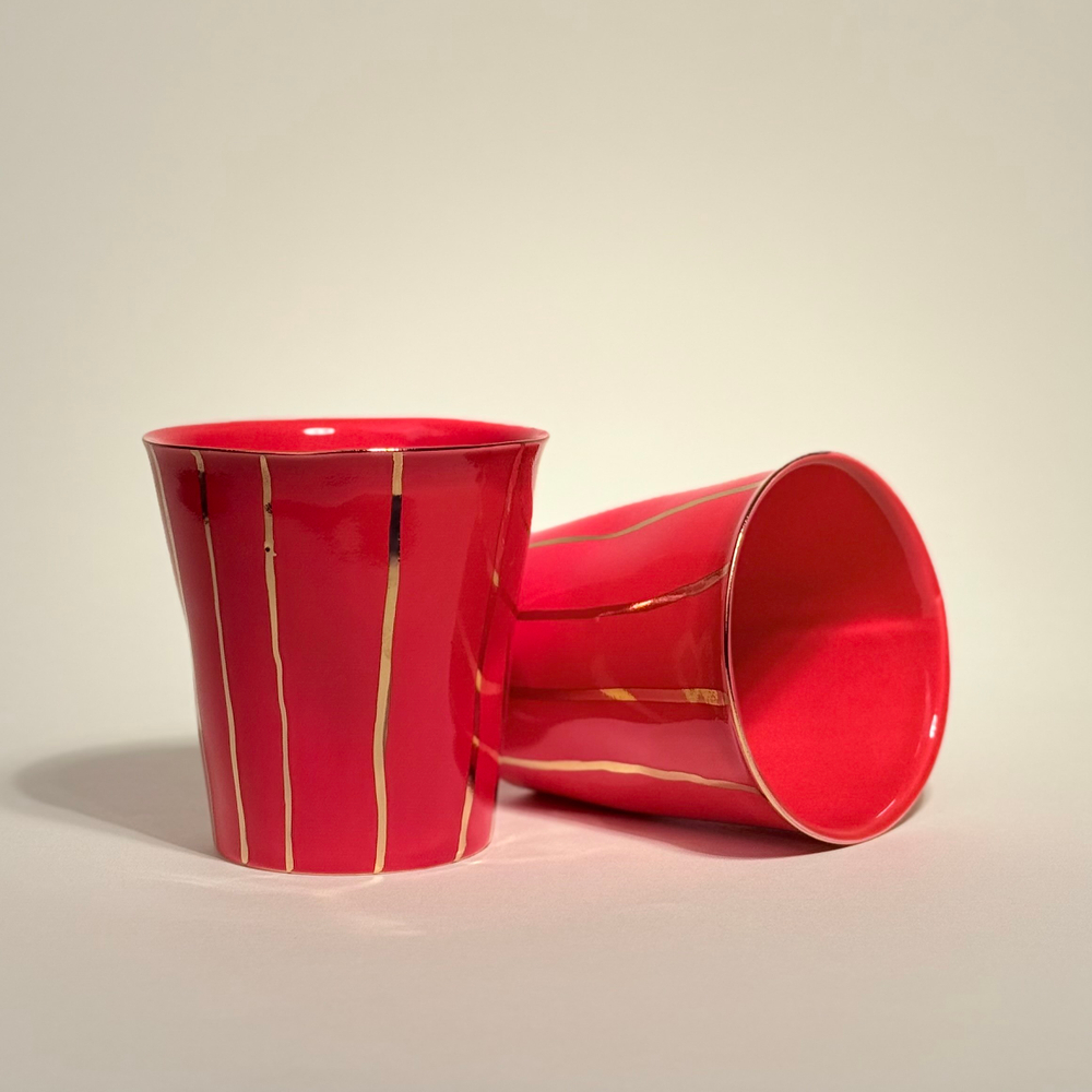Стакан бамажный красный с полосками, золото, 220мл