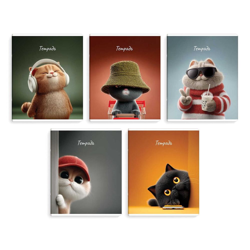 Тетрадь А5 48л. клетка "Современные коты" мягкий переплёт, ТВИН лак, ассорти (Феникс+)