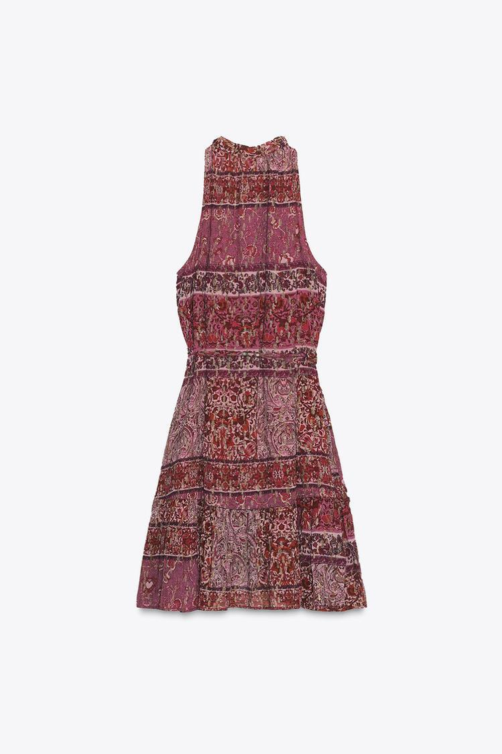 ZARA МИНИ-ПЛАТЬЕ В СТИЛЕ ПЭЧВОРК С ПРИНТОМ И ПОЯСОМ, ЦВЕТ ФУКСИИ