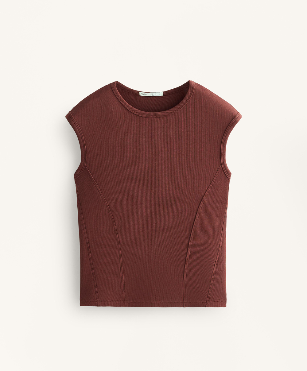 Oysho Футболка с короткими рукавами в рубчик из хлопка и модала, линялый махагон