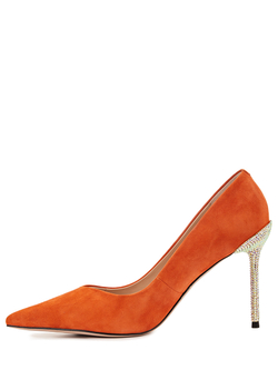 Женские туфли замшевые рыжие на каблуке со стразами