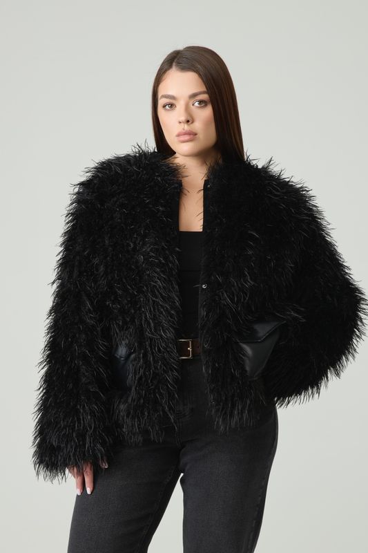 Шуба укороченная из искусственного меха ламы, черный