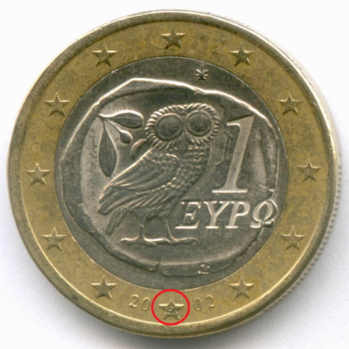 1 евро 2002 год. Греция. Регулярный выпуск. Тип 1 (Разновидность - звезда c S. Suomi - Финляндия). Биметалл VF-XF