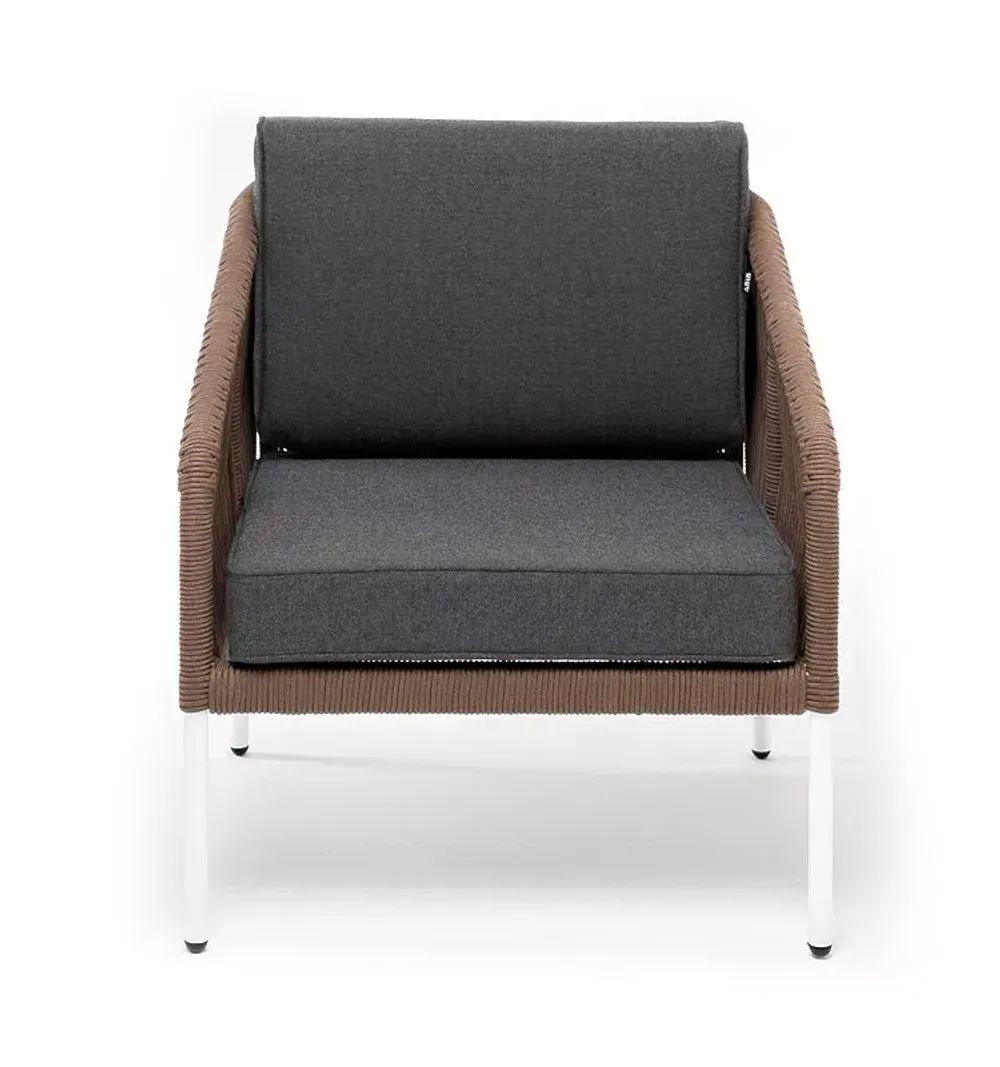 "Канны" кресло плетеное из роупа, каркас алюминий белый, роуп коричневый круглый, ткань серая