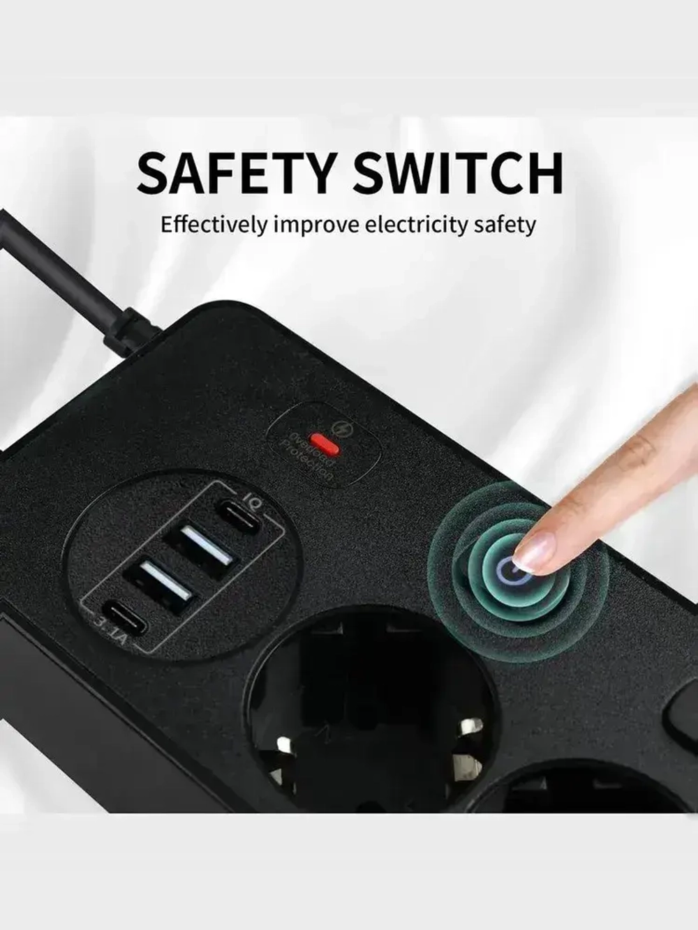 Сетевой фильтр с предохранителем и заземлением, 5 розетки + 2 USB / 2 TYPE-C, кабель 3м