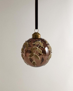 ZARA HOME ЕЛОЧНЫЙ ШАР ИЗ СТЕКЛА С УЗОРОМ «ЛИСТЬЯ», КОРИЧНЕВЫЙ