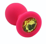 Розовая силиконовая анальная пробка с жёлтым кристаллом - 7 см. (Цвет: желтый)