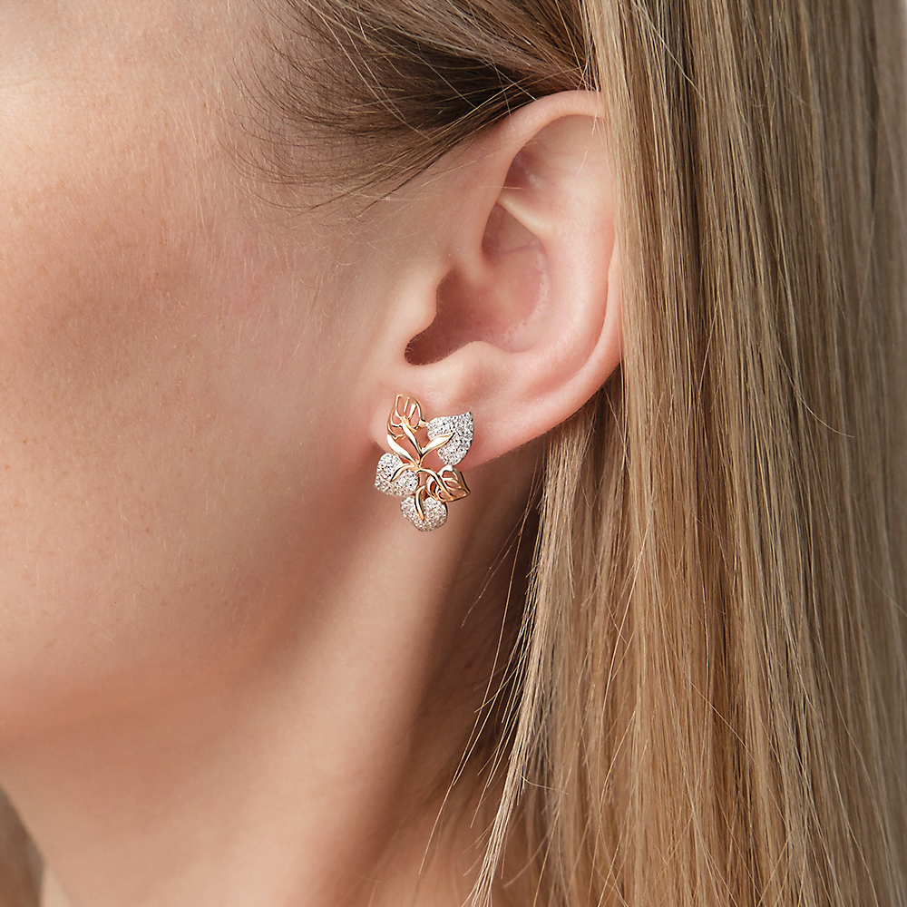 Серьги «Листья» с английским замком из красного золота с фианитами