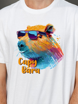 Футболка белая хлопковая с принтом цветной капибара оверсайз