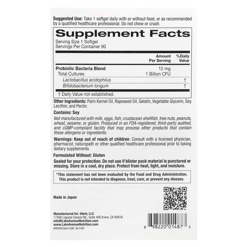 Lake Avenue Nutrition, Пробиотик в мини-таблетках, 2 штамма здоровых бактерий, 1 млрд КОЕ, 90 маленьких мягких таблеток