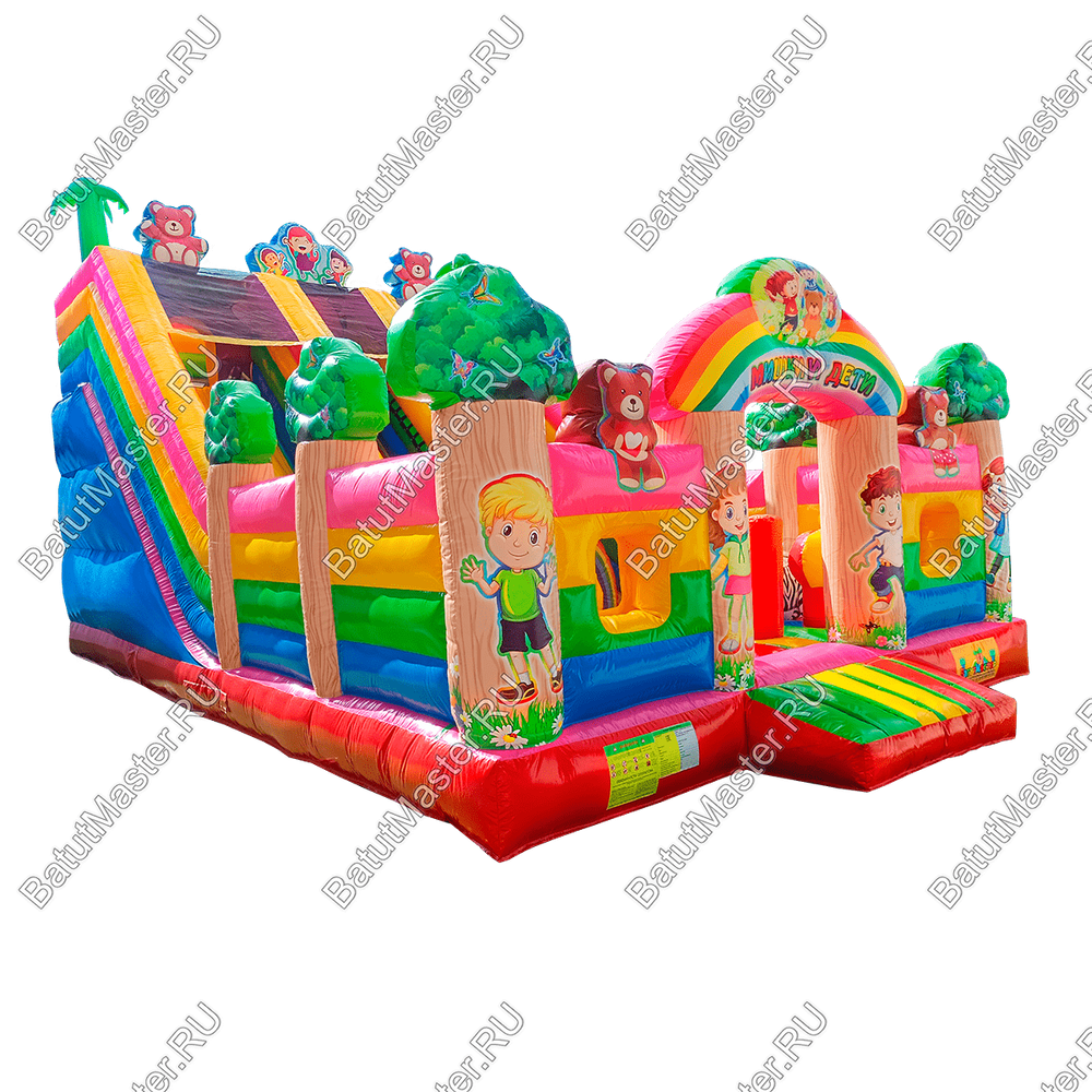 Коммерческий надувной батут "Мишки и дети", 10*6*6,5 м, с горкой 3,5 м