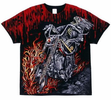 Футболка Скелет Байкера ( в огне на чоппере с гитарой в руках )