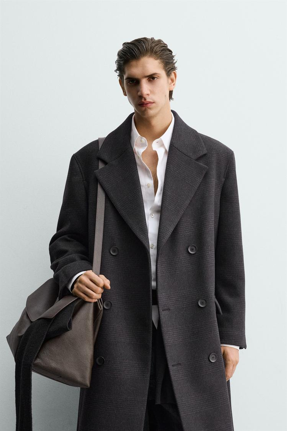 ZARA ДВУБОРТНОЕ КЛЕТЧАТОЕ ПАЛЬТО, ТЕМНО-СЕРЫЙ