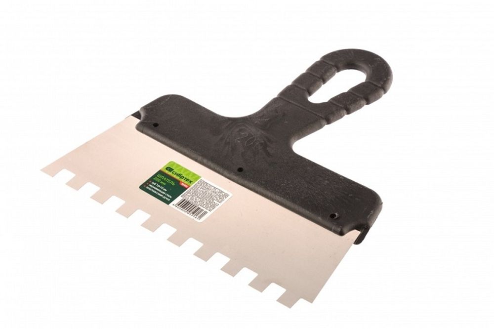 Шпатель из нержавеющей стали, 200 мм, зуб 10 х 10 мм, пластмассовая ручка Сибртех, 85482