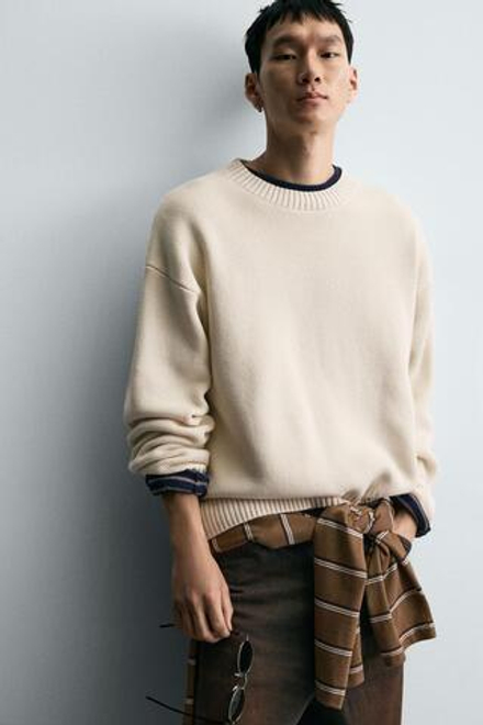 ZARA СВИТЕР ИЗ ХЛОПКА С РЕЛЬЕФНОЙ ТКАНЬЮ, ЭКРЮ